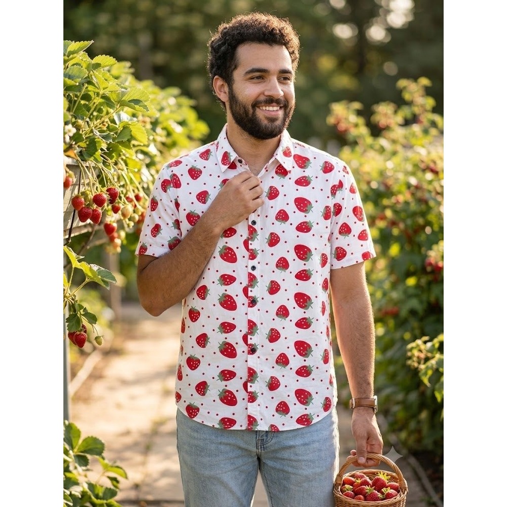 Vatpave Men's Large Strawberry Print Hawaiian Shirt 100% Cotton Button Down